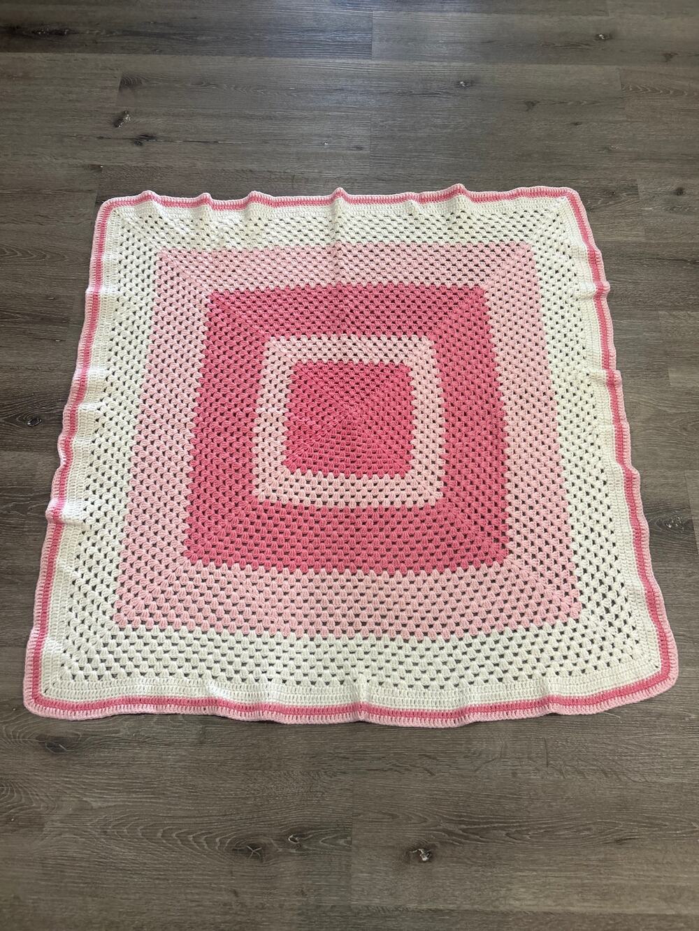 Handmade Crochet Baby Blanket Pink White Square Afghan Newborn Quilt 43x43